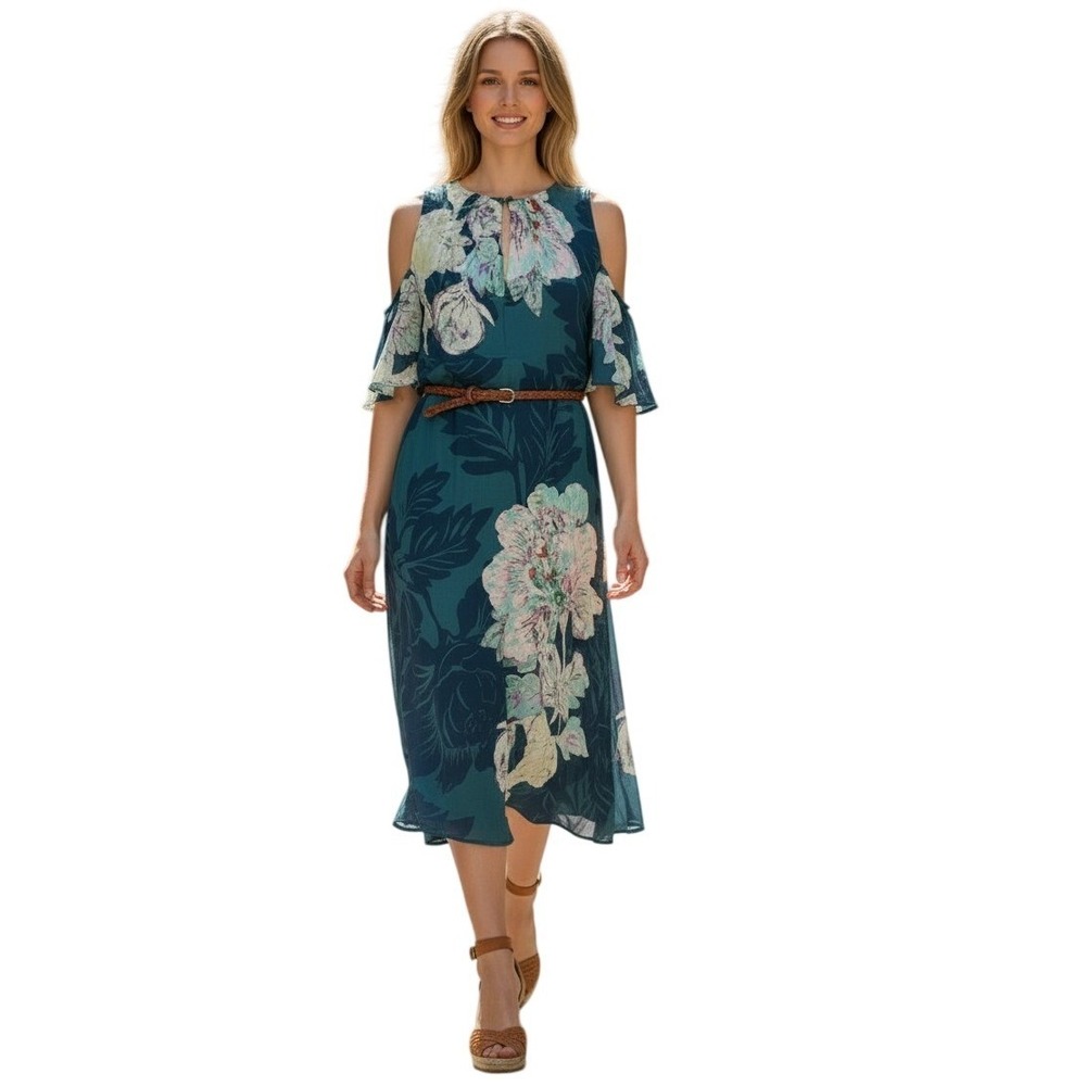 Maeve Anthropologie Teal Floral Cold Shoulder Ruffle Midi Dress Small Boho $128